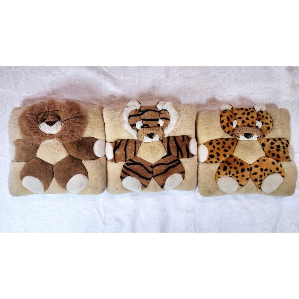 Vintage 1998 TWIE Angel Toy Corp 3D Animal Square Plush Pillows Lion Tiger Set